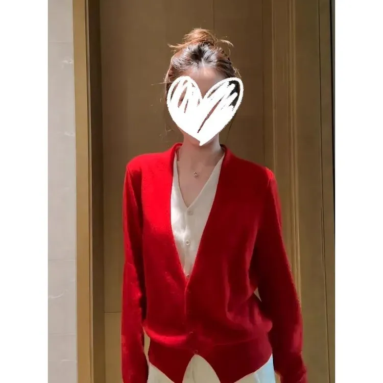 美式复古假两件针织衫女秋冬新款慵懒风新年红色开衫毛衣宽松上衣