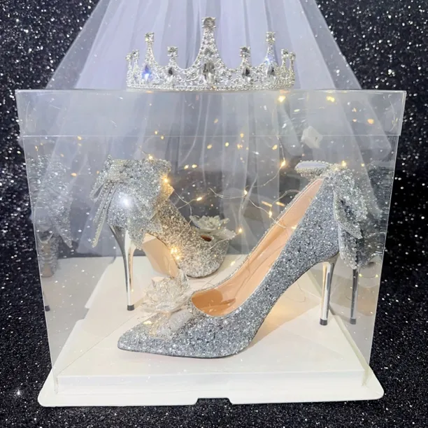 【礼物】绝美水晶鞋成年礼生日细跟尖头高跟鞋新娘禾服订婚高跟鞋
