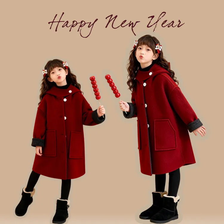 女童红色毛呢大衣外套秋冬2025新款大童中长款双面穿儿童装拜年服
