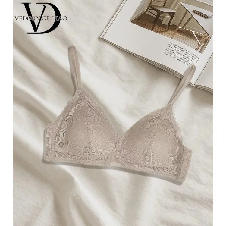 维多利亚专用文胸薄款三角杯海棠花蕾丝不空杯跑杯无钢圈法式内衣