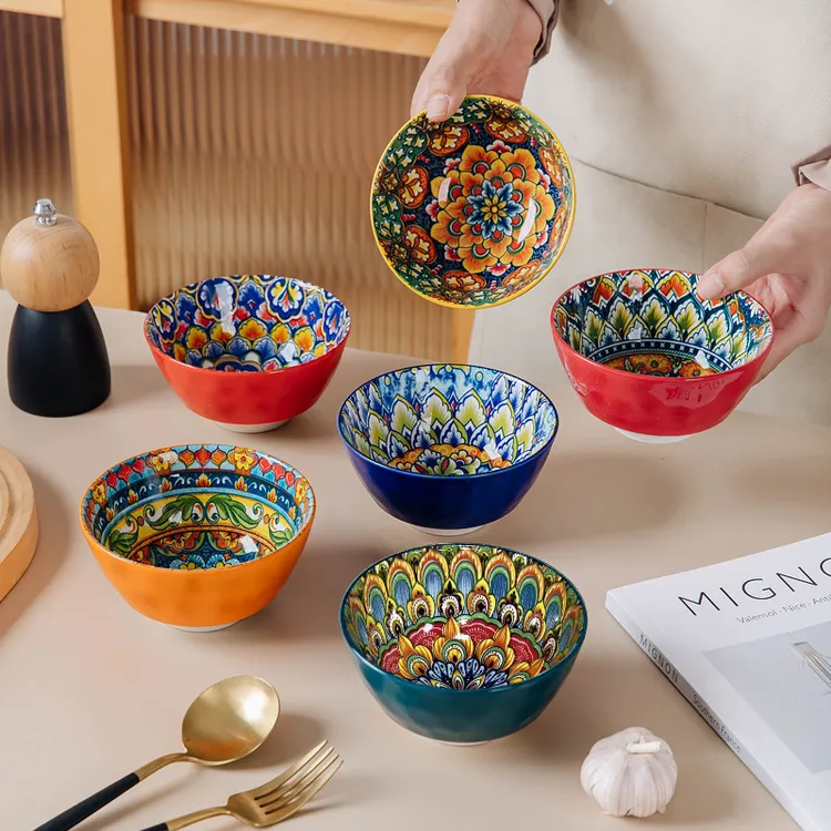 拍一发6个【西藏包邮】波西米亚釉下彩碗  彩绘西餐陶瓷碗家用餐具