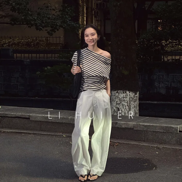 LiHuiEr李慧儿【流浪手风琴】2025夏季显瘦性感设计条纹上衣DJ1501