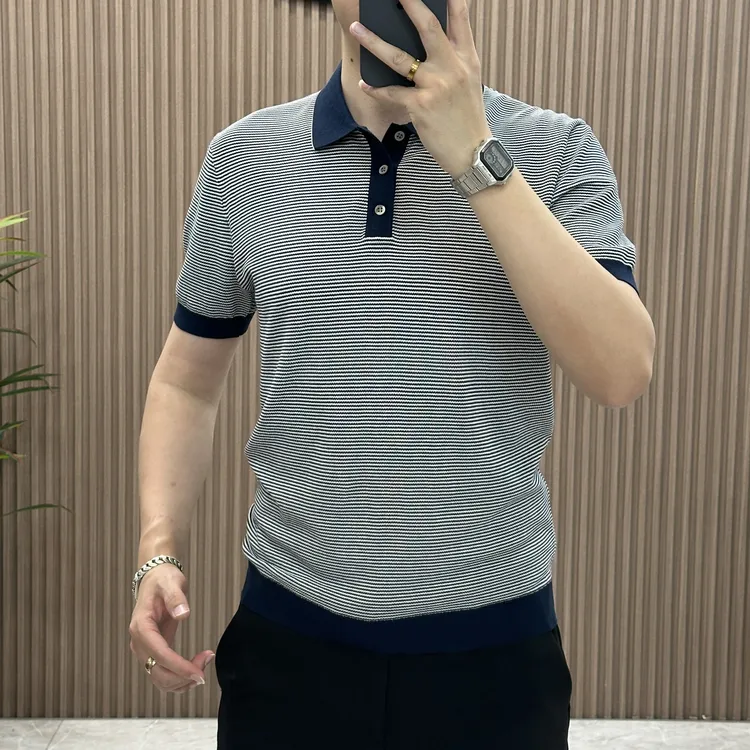 男士条纹针织短袖夏季透气polo衫修身时尚百搭翻领衬衫久穿不褪色