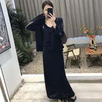 氛围感墨蓝色~ 镂空针织衫吊带背心+镂空A字长款半身裙套装3件套