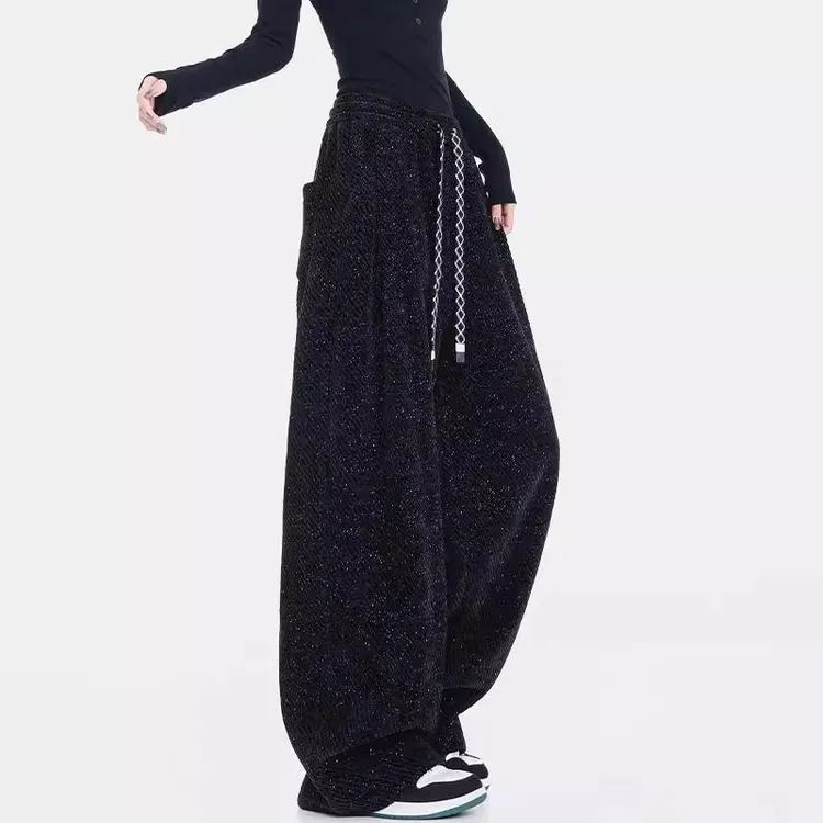 爆闪满天星超垂感休闲裤女秋冬加绒抽绳松紧腰宽松显瘦直筒阔腿裤