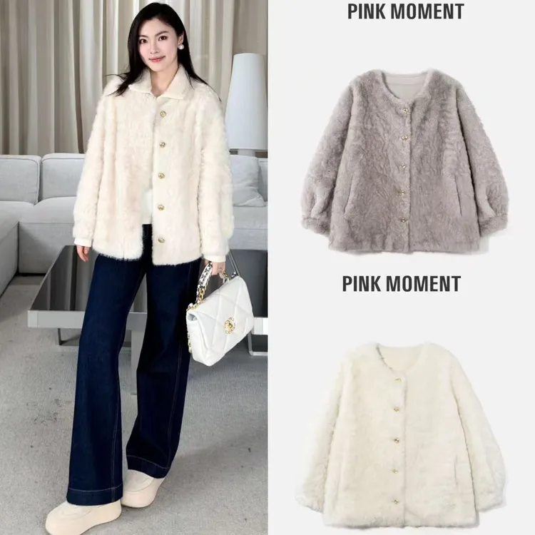 PM王囡囡 “秀珠小姐” 灰/米白色毛毛纽扣外套 ND1D2204