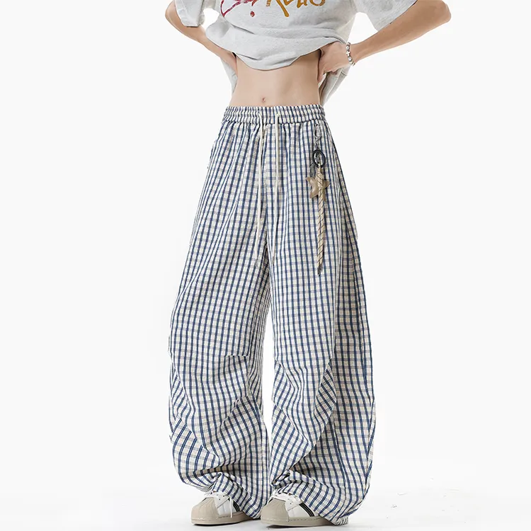 BIFEILESS星星格子弯刀休闲男夏季垂感阔腿宽松慵懒风直筒拖地裤