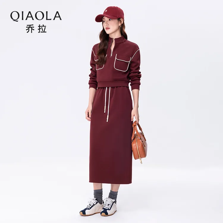 QIAOLA/乔拉【馥郁郊游】秋坑条针织拼接休闲街头运动时尚套装预售