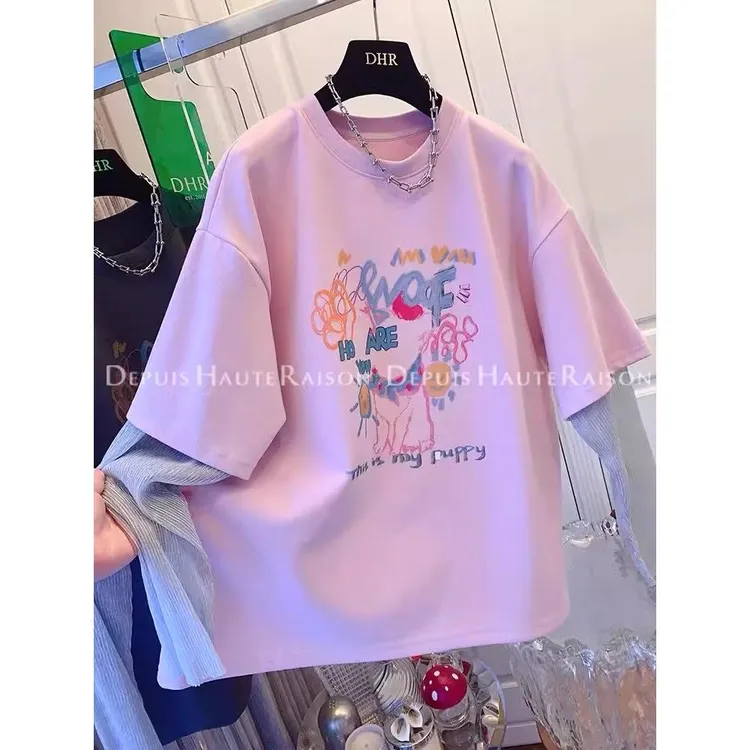 胖mm240斤大码宽松防晒网纱拼接假两件短袖T恤女夏季休闲独特上衣