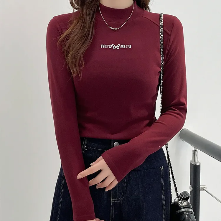 秋冬微米绒半高领双面磨毛蝴蝶烫钻内搭修身T恤女上衣