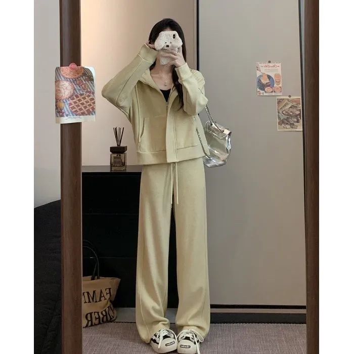 慵懒风设计感连帽长袖卫衣外套高腰休闲裤女2025秋季新款时尚套装