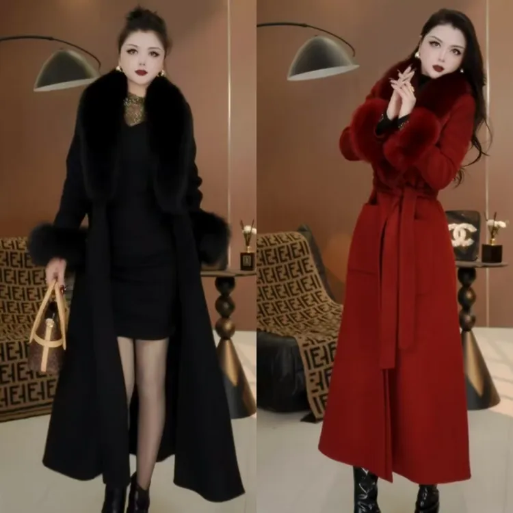 【燕子家】经典黑色超大狐狸毛领双面羊毛大衣修身显瘦加长版