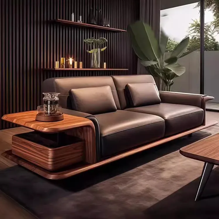 新中式实木沙发现代简约客厅意式轻奢设计感黑胡桃木真皮沙发定制