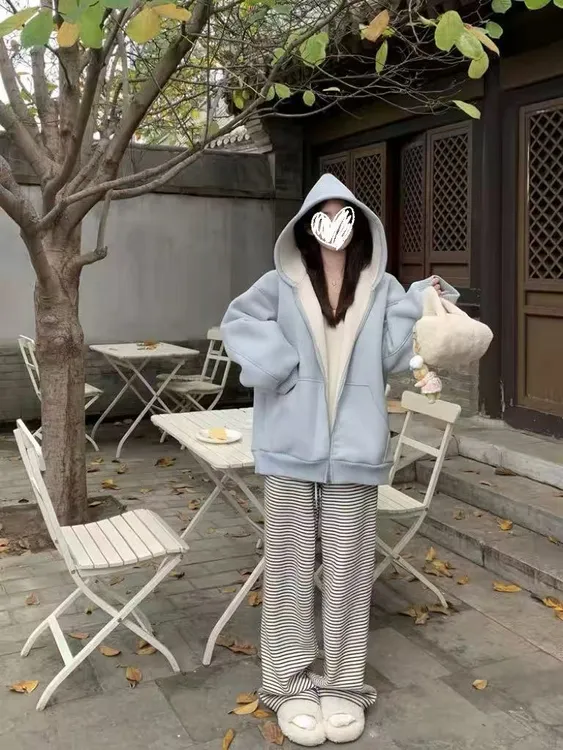 时尚套装拉链冬季袖型连帽螺纹不褪色卫衣上衣加绒学生百搭两件套