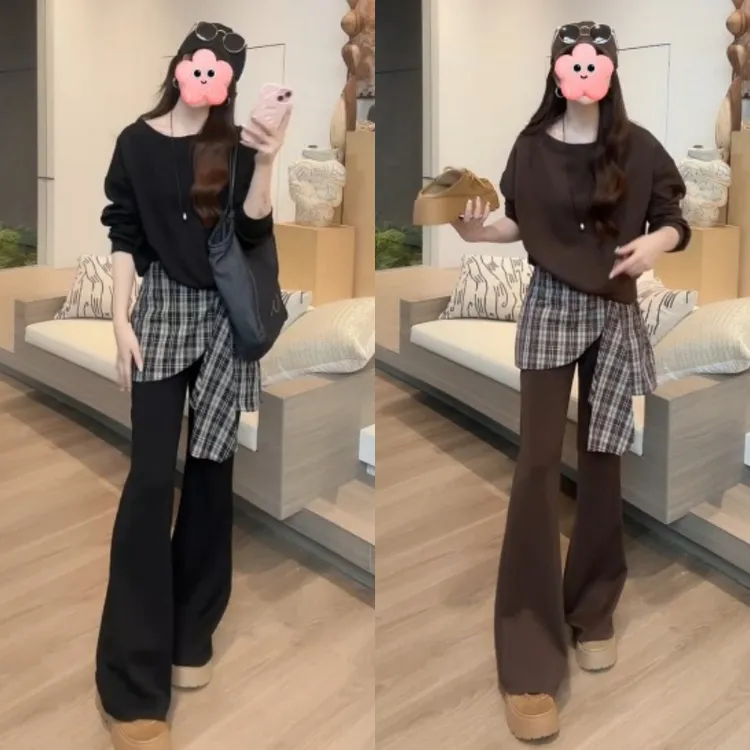 秋季洋气套头宽松斜肩卫衣+拼接格子微喇裤时尚套装LK2505711