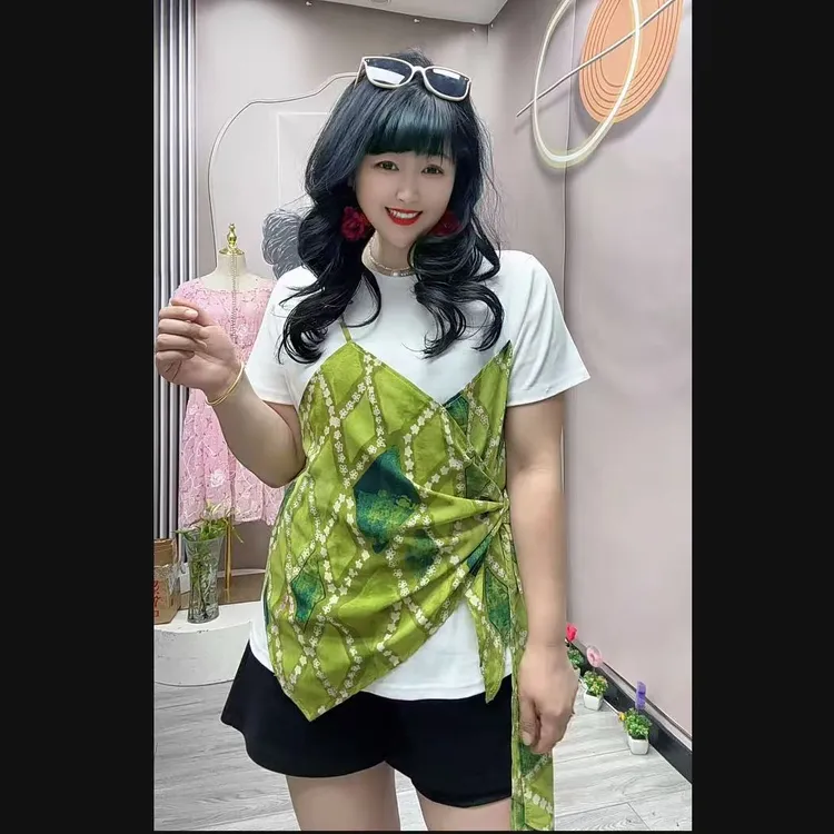岚大码女装夏季新款高端圆领不规则下摆时尚洋气百搭女神衫2595