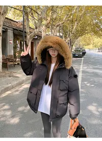 太好穿了！韩版时尚工装派克冰晶紫色棉服女新款大毛领冬季外套