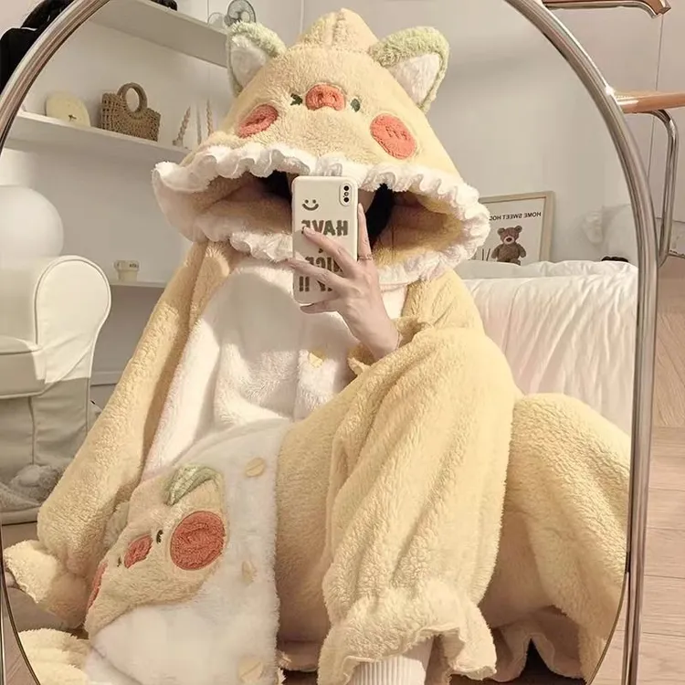 睡衣女秋冬睡袍加厚保暖可爱珊瑚绒浴袍韩版中长款家居服可外穿CC