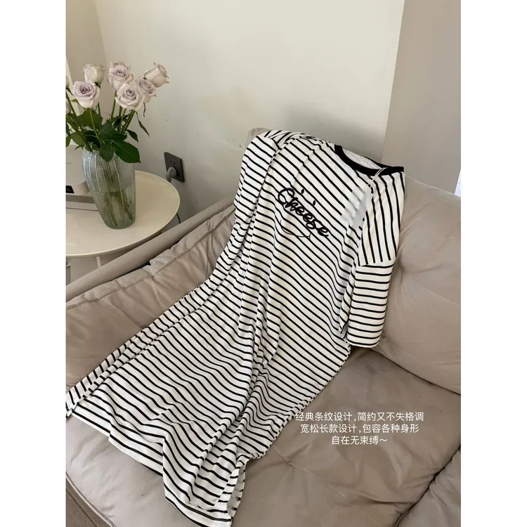 B 门店37&9！线谱日记睡裙」夏季棉感条纹字母短袖长款家居服C22443
