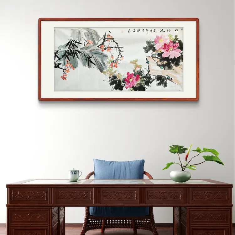 花开富贵国画牡丹花鸟画四尺整张138x68cm未装裱客厅办公室挂画