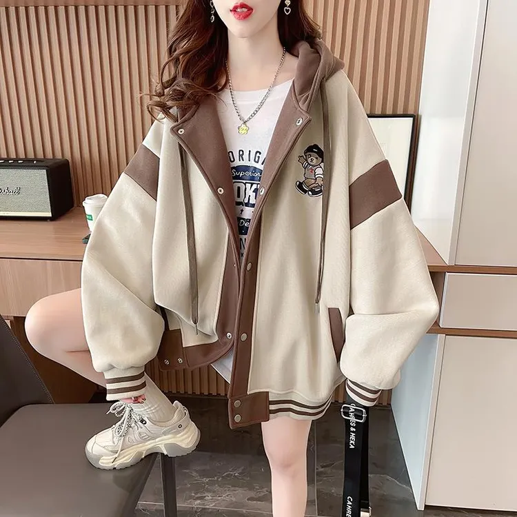 Sibiqi早春连帽棒球夹克为妇女2025新热风格春秋季薄宽松中长开襟
