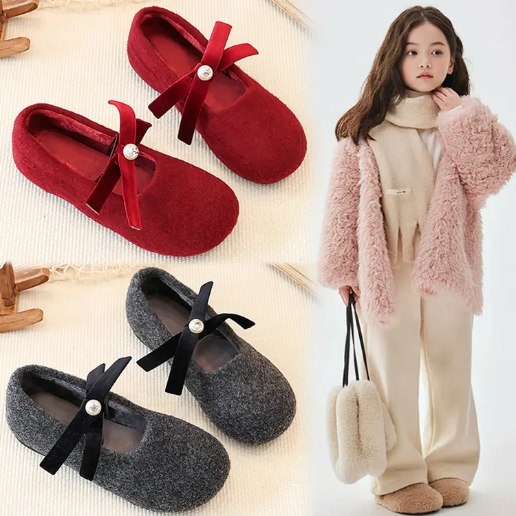 女大童冬季法式复古毛毛鞋女宝蝴蝶结浅口绒面韩版玛丽珍加绒棉鞋