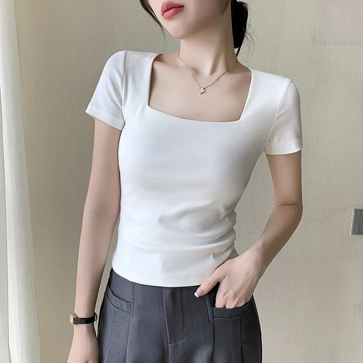 白色方领短款短袖t恤女夏季新款大领口露锁骨修身打底百搭上衣
