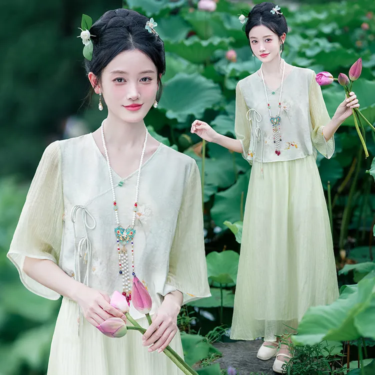 新款新中式改良汉服中式女装唐装盘扣斜襟国风禅意茶服上衣套装