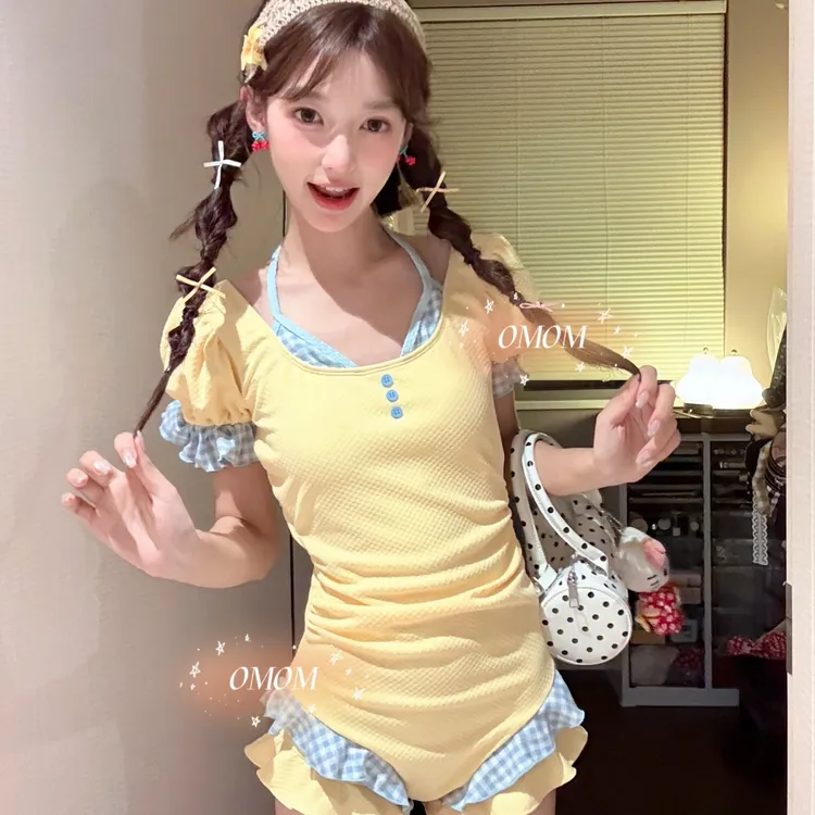 【元气少女】多巴胺连体泳衣可爱泡泡袖拼接显瘦温泉海边泳装5114