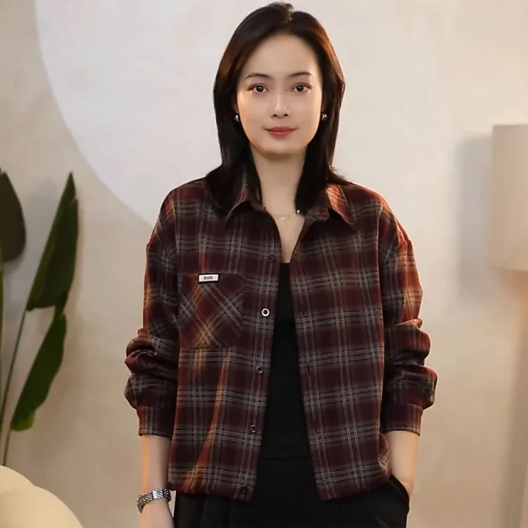 格子衬衫外套女2025秋季新款时髦洋气宽松显瘦气质翻领长袖上衣潮