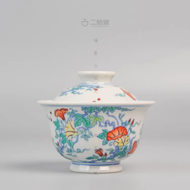 谈窑青花斗彩牵牛花盖碗【景德镇全手工茶具150ml】