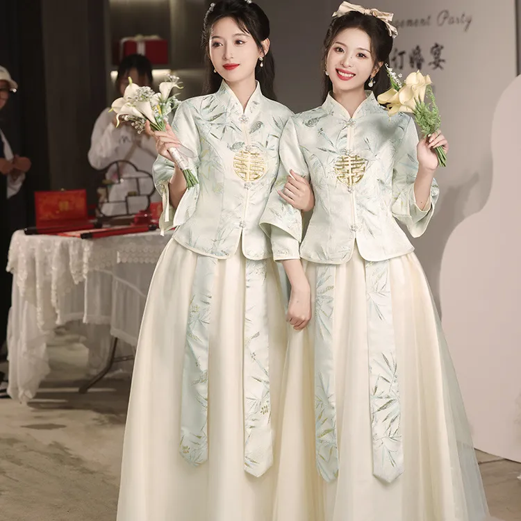 2025中式伴娘服长袖春夏新款高级婚礼伴娘团姐妹裙中国风姐妹礼服