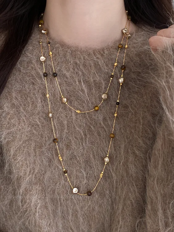 铜吊坠 美拉德虎眼石珍珠项链秋冬季百搭轻奢高级感长款毛衣链女