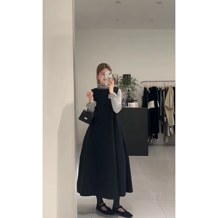 运补｝韩系小香风高领长袖打底衫配马甲背心花苞连衣裙两件套装