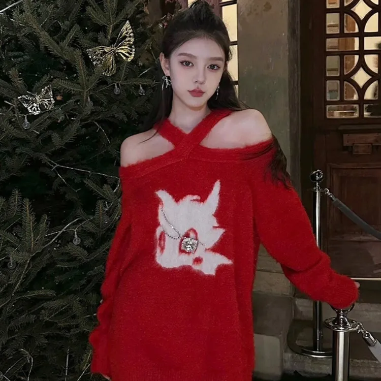 圣诞红挂脖露肩针织打底连衣裙女秋冬配大衣性感名媛风气质