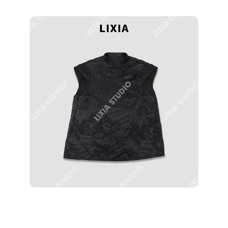 LIXIA【暗花墨影】个性时尚简约纯色新国风宽松立领马甲-D8668