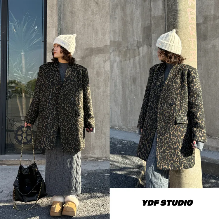 YDFSTUDIO小众【豹纹西装】欧货重工高品豹纹西装时尚百搭羽绒外套