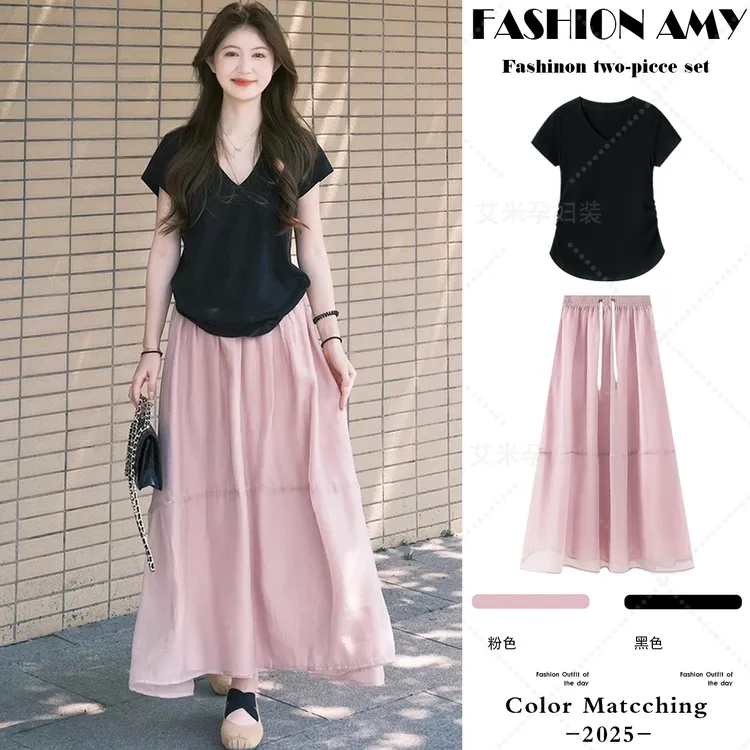 孕妇套装夏装新款时尚韩版气质显瘦褶皱短袖T恤上衣休闲半身裙子1