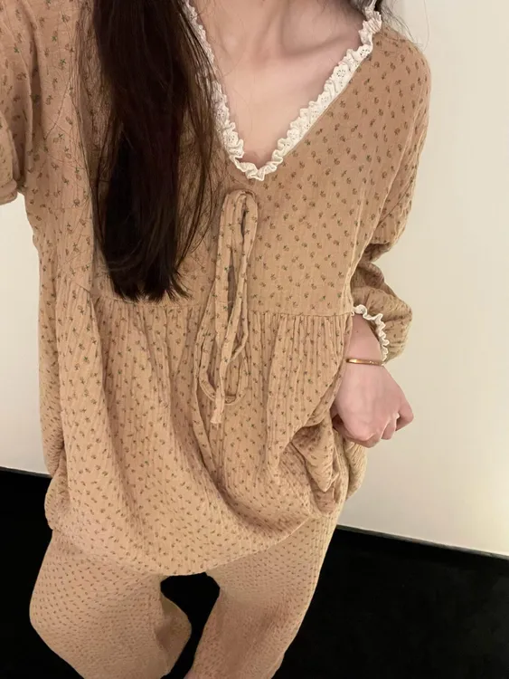 韩系碎花复古感花边棉纱睡衣女2025新款春秋季大码长裤家居服套装