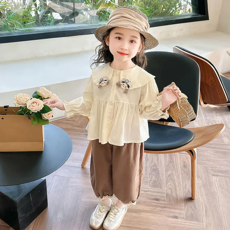 MK&UR.BV女童套装春秋2025新款甜美儿童秋季娃娃领衬衫女宝宝秋装