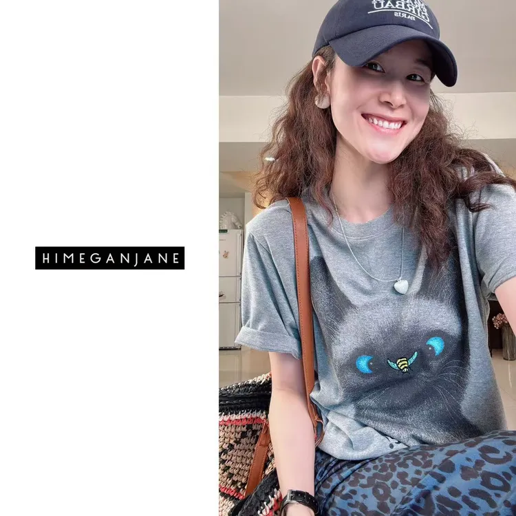 HIMEGANJANE 刺绣蜜蜂猫 40s纯棉细纱 宽松休闲短袖T恤 40666