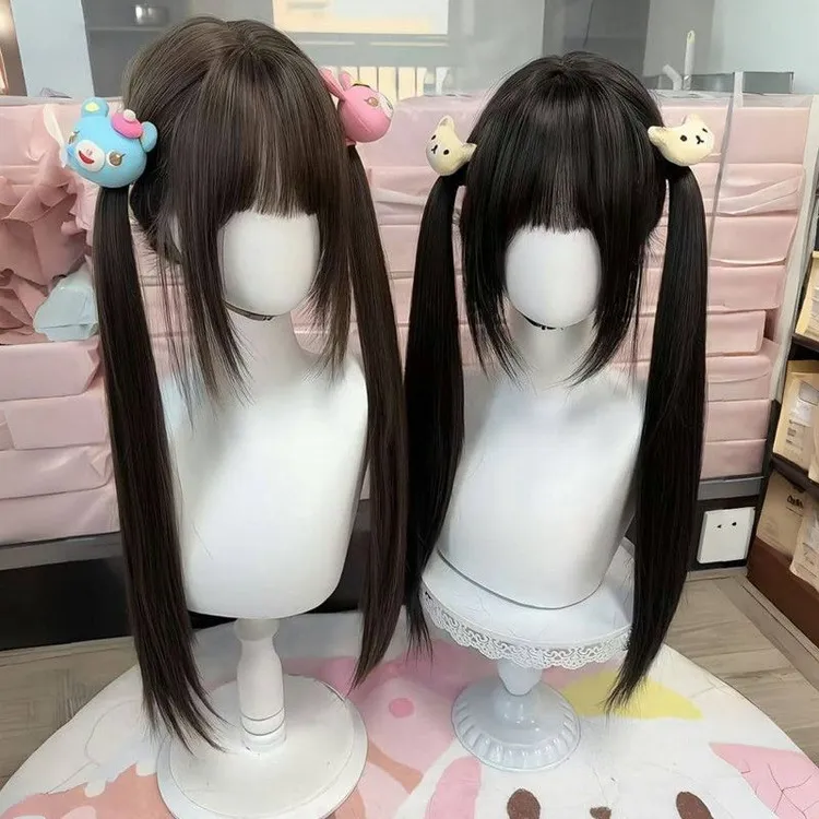 简咖【高扎马尾】70cm长直发齐刘海有鬓角lolita洛丽塔双马尾全头套