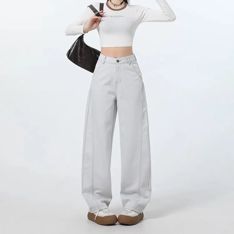 莫兰迪灰直筒弯刀牛仔裤女2025春秋小个子宽松复古高腰阔腿弯刀裤