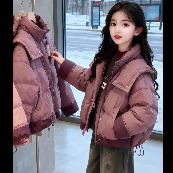 女大童棉服2025新款洋气儿童夹棉加厚外套冬装紫色棉袄面包服保暖