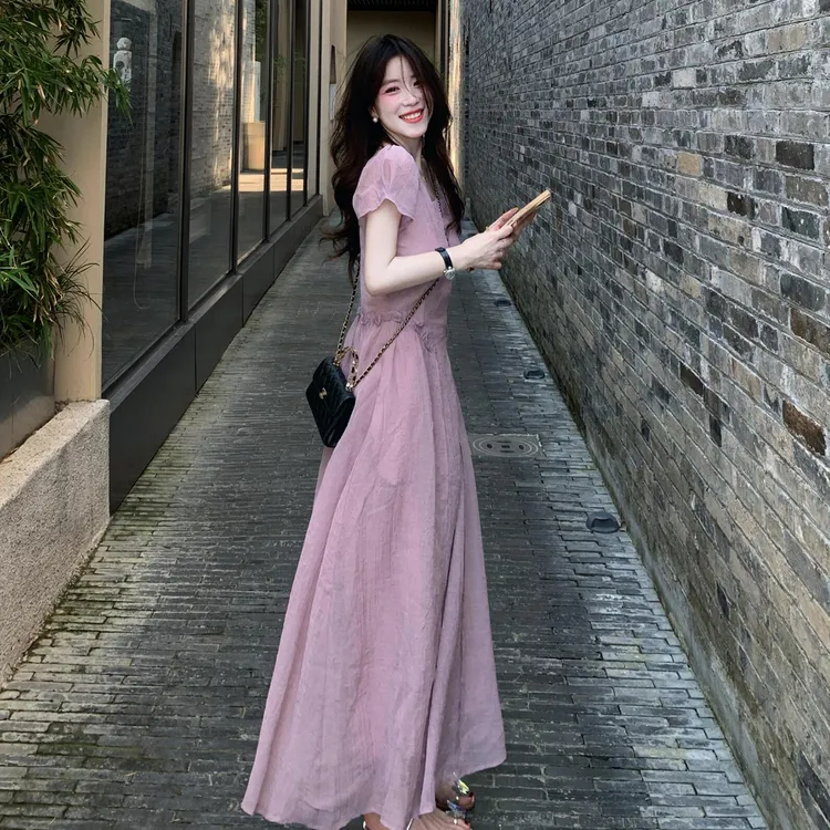【清仓+运补5米】超仙女短袖连衣裙子女夏季收腰显瘦长裙小众5353
