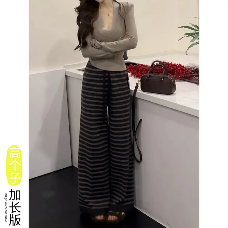 【西西专属】高个子条纹针织阔腿裤女秋冬加厚设计感拖地裤24120