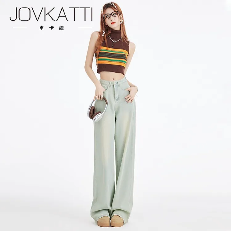 卓卡缇浅色阔腿牛仔裤女2025夏季新款美式高腰直筒宽松休闲显瘦