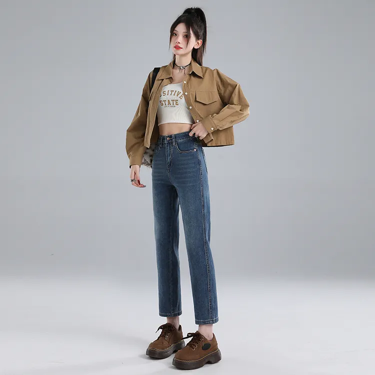 2025早秋新款超柔弹力面料时尚潮流烟管法棍直筒牛仔裤女