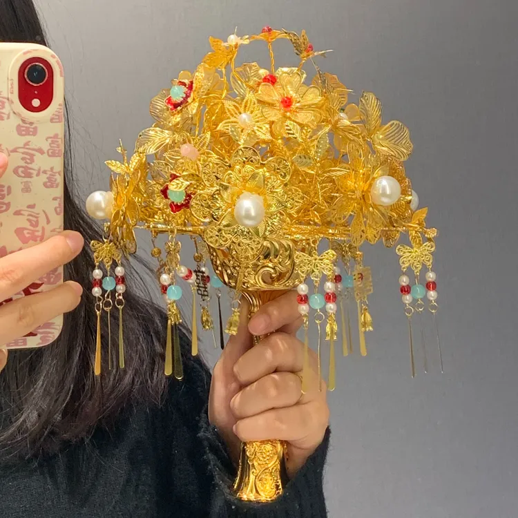 金色手捧花成品新娘结婚礼物diy团扇手工新婚秀禾闺蜜手工花束