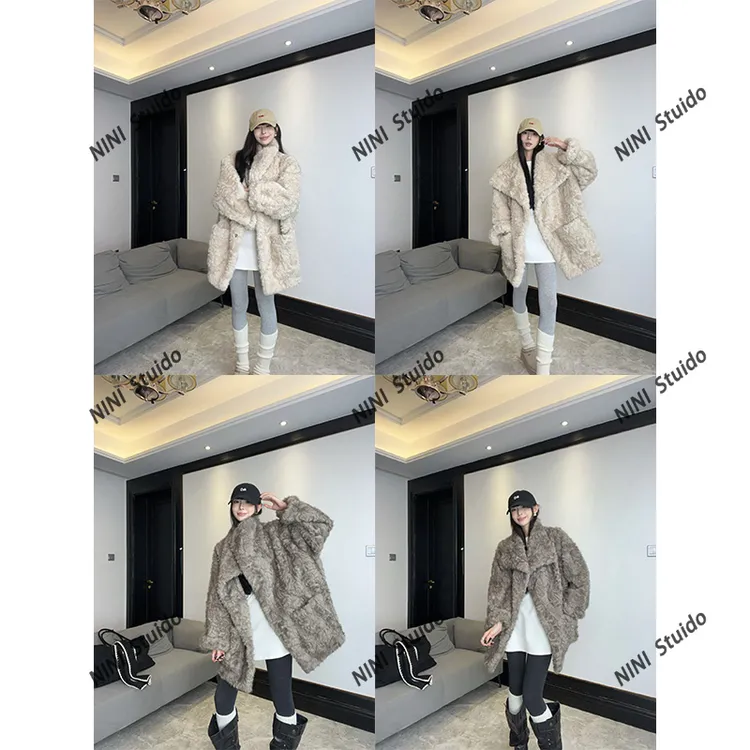 《巴黎热恋》新款环保小湖羊皮毛一体大翻领防毛毛外套中长款大衣女